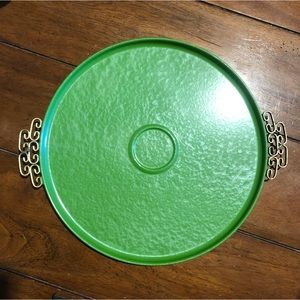 Vintage 1950s Kyes Moire Glaze 13” Round Green Enameled Metal Handled Tray